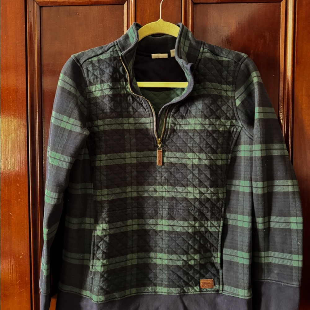 L.L. Bean navy and green blackwatch plaid quarter zip pullover M